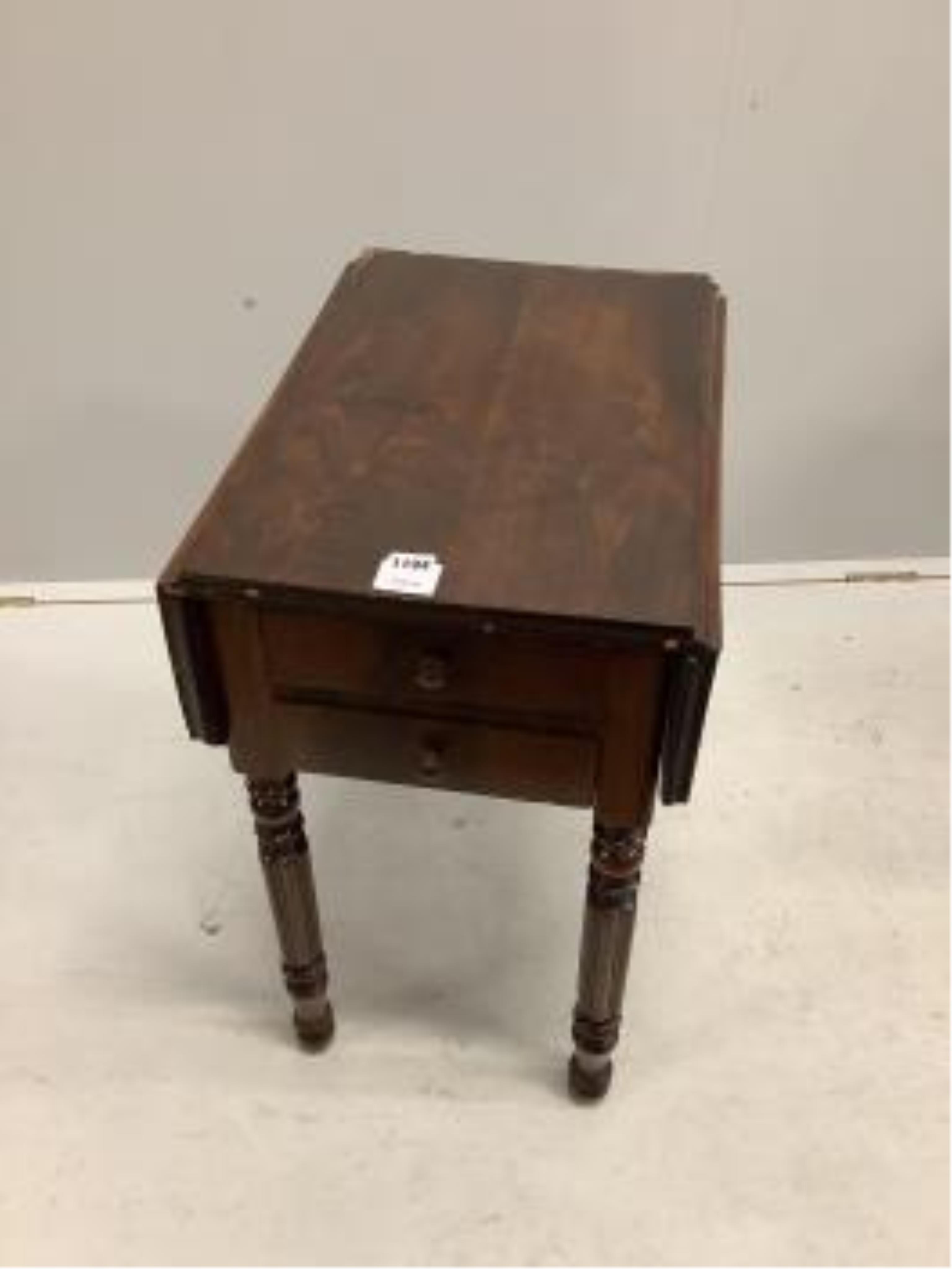 A George III glazed mahogany corner cupboard, width 72cm, depth 40cm, height 88cm and a 19th century French mahogany work table, width 37cm, depth 52cm, height 65cm